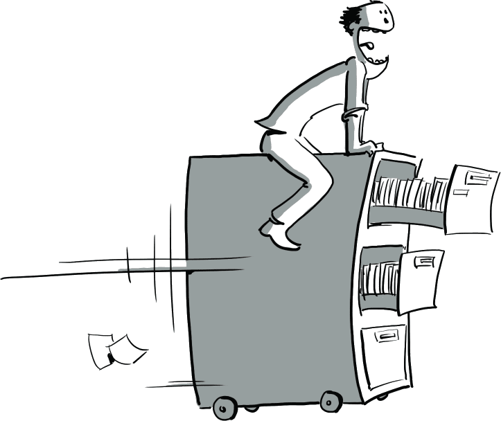 Person riding on a filing cabinet